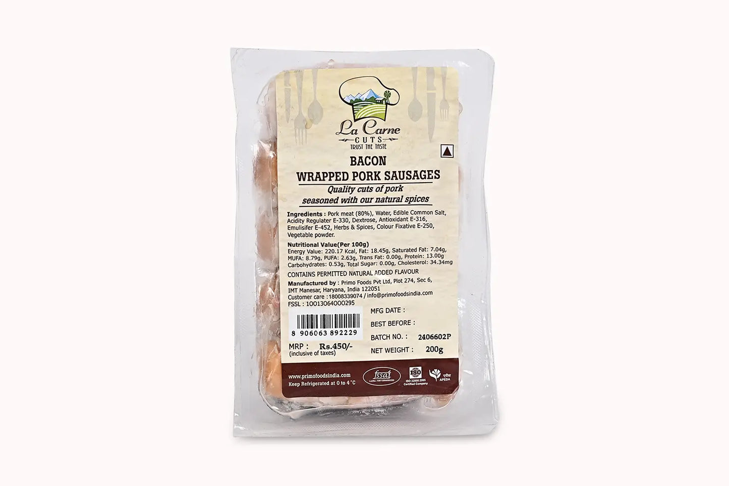 LA CARNE BACON WRAPPED PORK SAUSAGES 200GM